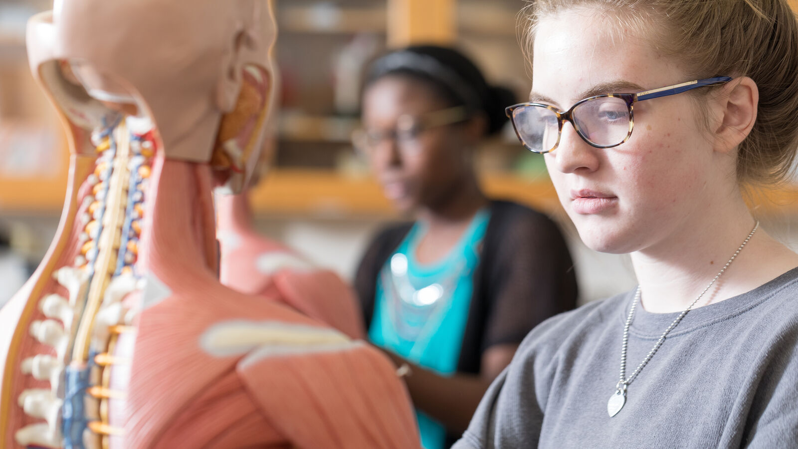A female pre-med student learns from a model of the human body in a biology class at The University of Texas at Tyler