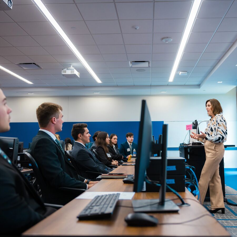 A presentation to graduate students in the Soules College of Business during a mock interview event