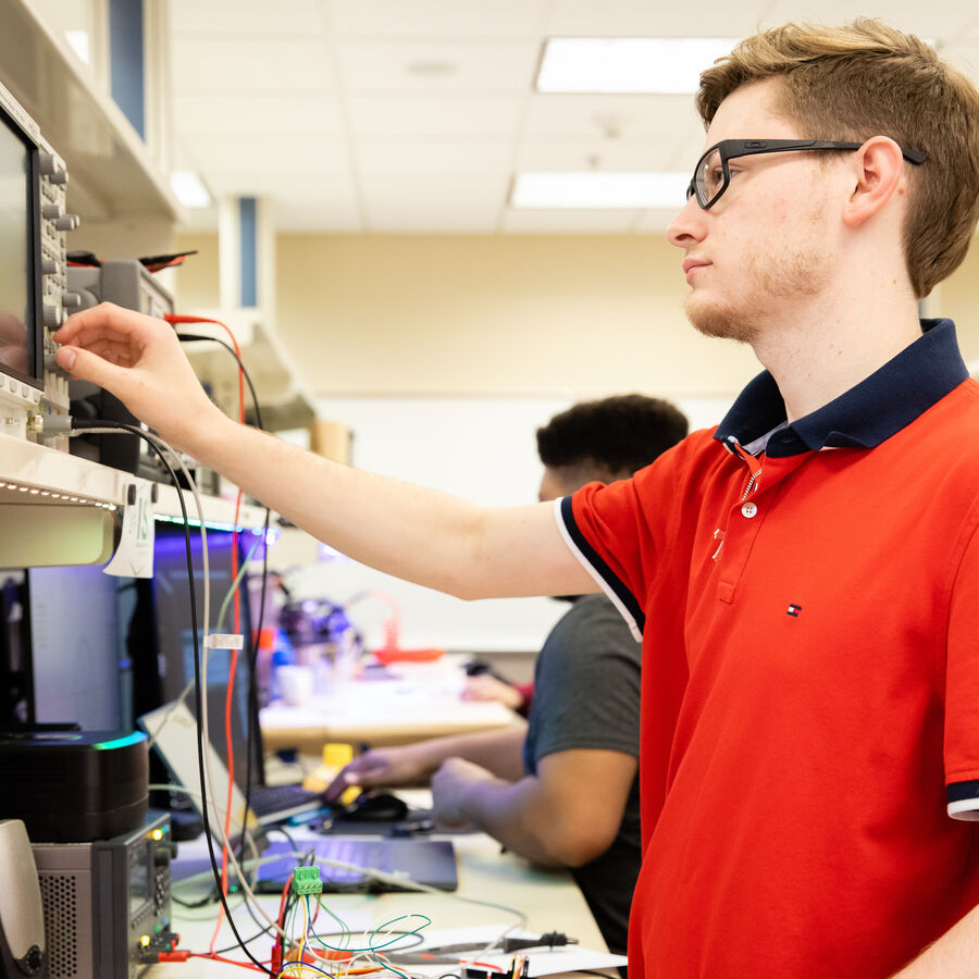 Electrical engineering students participate in research in a lab on The University of Texas at Tyler's campus