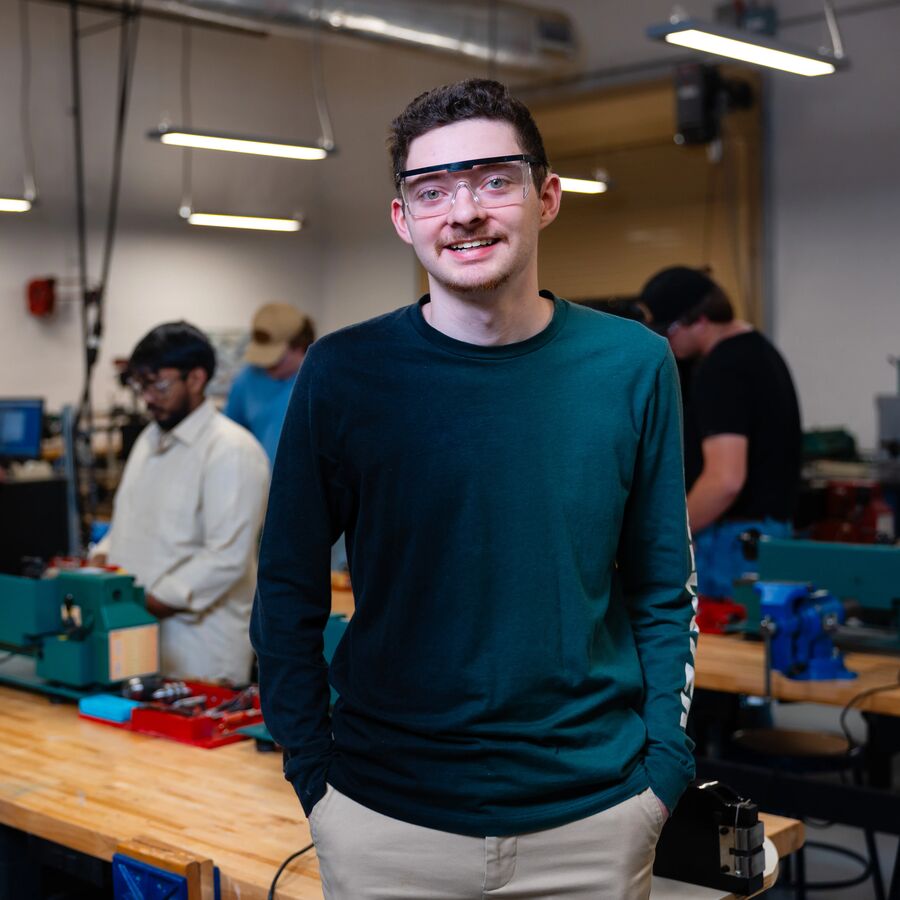 UT Tyler student wearing safety glasses in an industrial technology lab