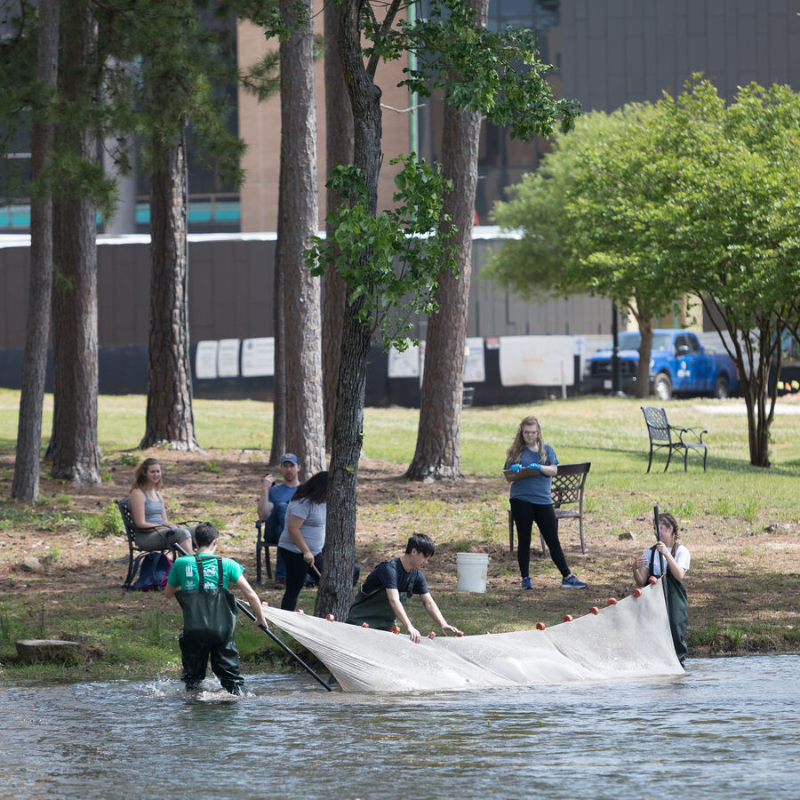 A biology class with nets at the Lake on The University of Texas at Tyler campus