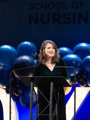 During the UT Tyler School of Nursing 50th Anniversary Gala, Interim Dean Dr. Jenifer Chilton recognizes the school's growth over the past five decades, including introducing the PhD in nursing in 2008—UT Tyler's first doctoral program—and beginning the nation's second flight nursing education program.&nbsp;