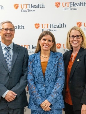 UT Tyler Neuropsychology Director Dr. Andrew Schmitt, Alzheimer's Alliance of Smith County CEO Bonnie Varner and UT Tyler President Julie V. Philley, MD at the opening of the UT Health Neuropsychology Clinic, located at the Alzheimer’s Alliance headquarters.