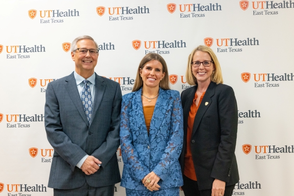 UT Tyler Neuropsychology Director Dr. Andrew Schmitt, Alzheimer's Alliance of Smith County CEO Bonnie Varner and UT Tyler President Julie V. Philley, MD at the opening of the UT Health Neuropsychology Clinic, located at the Alzheimer’s Alliance headquarters.