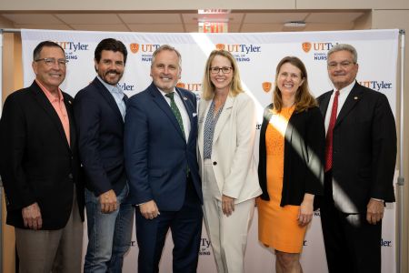 Elected officials celebrate the opening of the UT Tyler Longview University Center Expansion with UT Tyler President Julie Philley. (L to R) Rep. Jay Dean, Rep. Cole Hefner, Sen. Bryan Hughes, Philley, Mayor Kristen Ishihara and Judge Bill Stoudt.