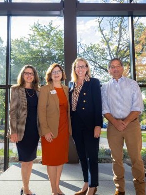UT Tyler School of Nursing Building Grand Opening: (L to R) Interim Dean Dr. Jenifer Chilton, Provost Dr. Barbara K. Haas, UT Tyler President Julie V. Philley, MD, and UT System Board of Regents Chairman Kevin P. Eltife celebrate the School of Nursing building grand opening.