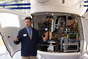 Dr. Carlton Rojas, the UT Tyler School of Nursing critical care transportation education director, introduces the new Helicopter Critical Care Transport Simulations Center. UT Tyler's critical care transportation program is the second in the country with a clinical flight simulator — and the only one to train both nurses and paramedics.
