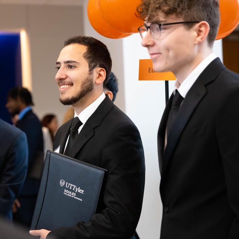 Two UT Tyler students at a networking and mock interview event