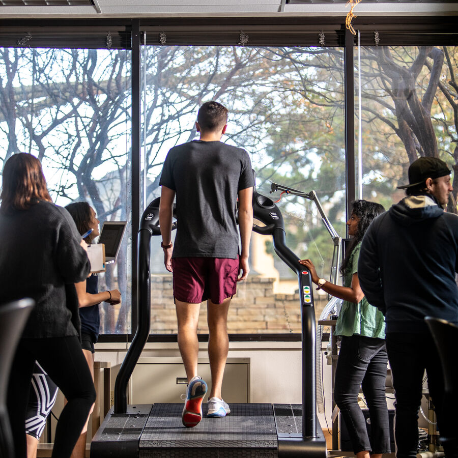 A male student uses a treadmill in the Kinesiology Department at The University of Texas at Tyler