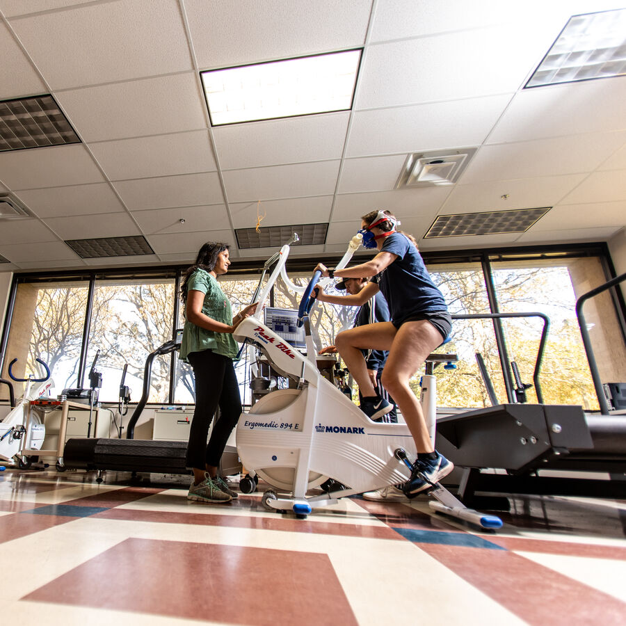 Health Sciences students practice using equipment in the Kinesiology Respiration Bike Lab at UT Tyler's Herrington Patriot Center.