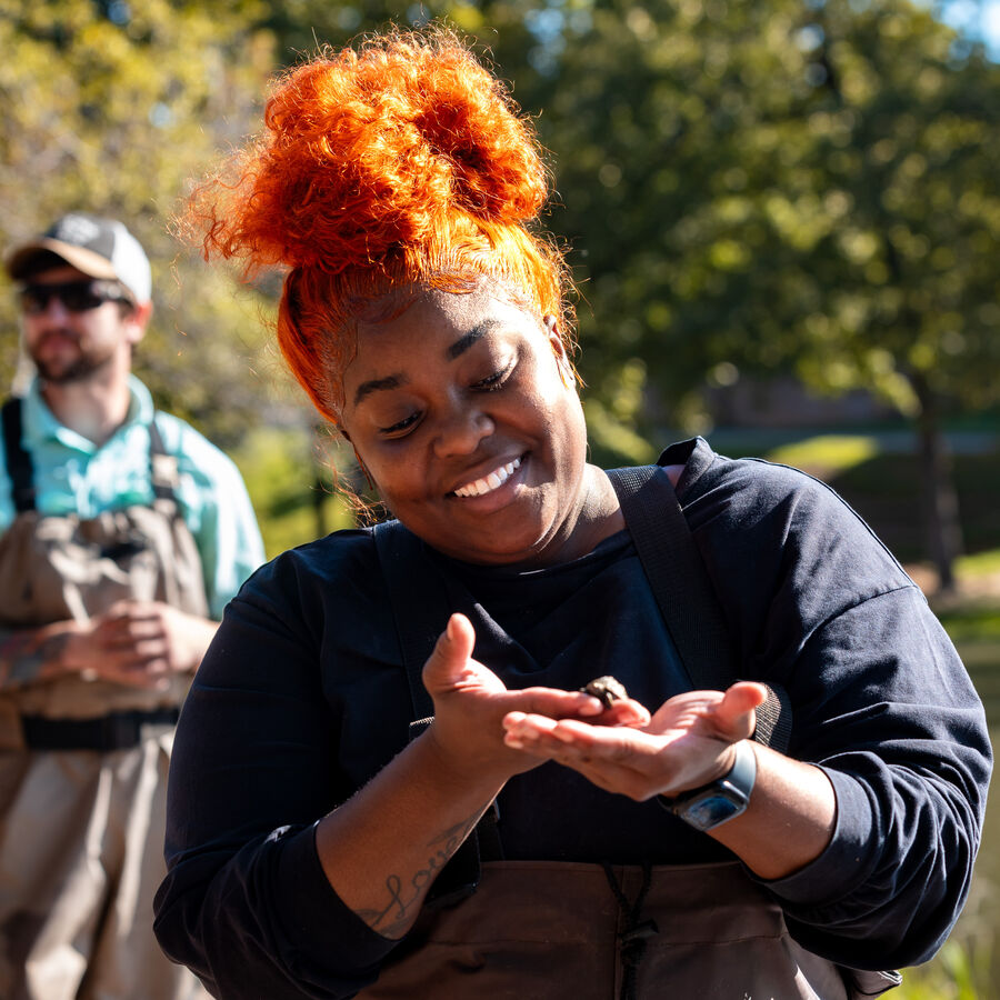 MS in Biology students examine species near the Lake at The University of Texas at Tyler