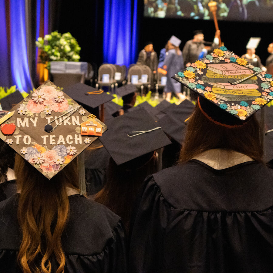 A group of graduate students from The University of Texas at Tyler's College of Education and Psychology in the audience during convocation