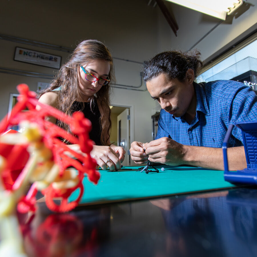 Two civil engineering students work together in a lab space at UT Tyler's Houston Engineering Center