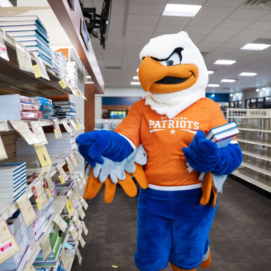 Swoop mascot looking at books in the bookstore