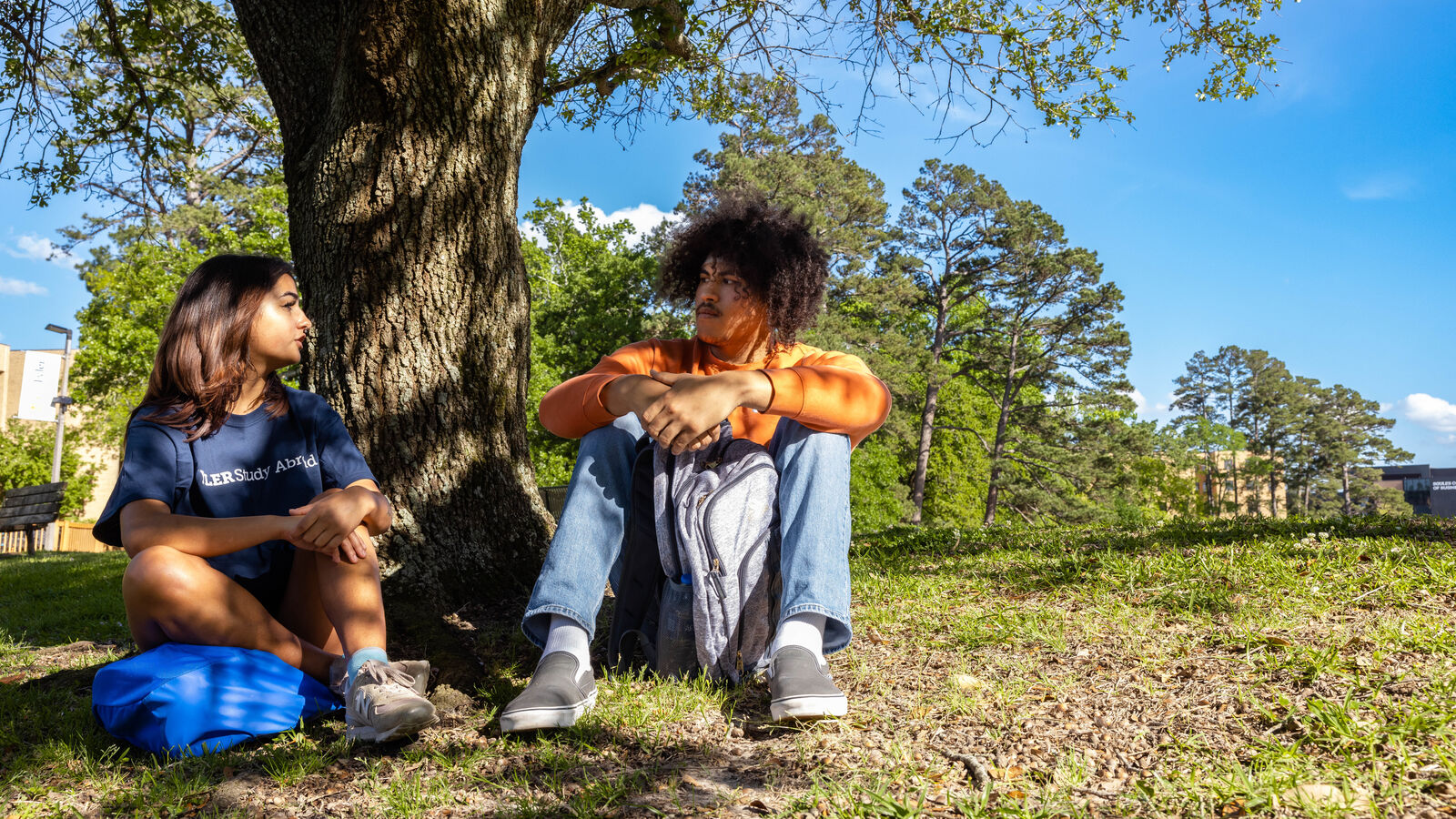 A male and female student sit under a tree on The University of Texas at Tyler's campus