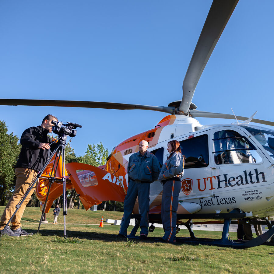 The UT Health East Texas helicopter during UT Tyler's Pre-Health Conference