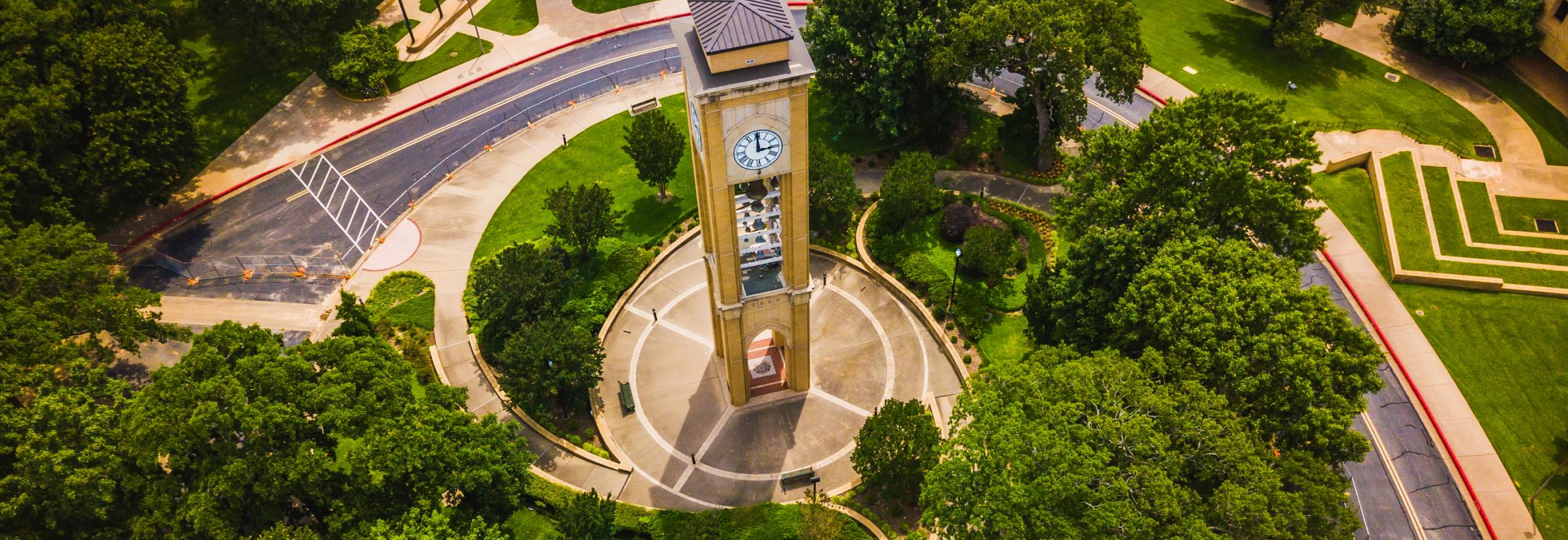 Aerial view of clock tower on UT Tyler campus