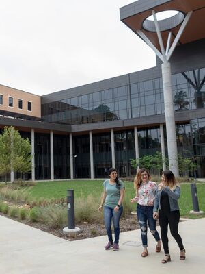 Students walking by the Soules College of Business Courtyard