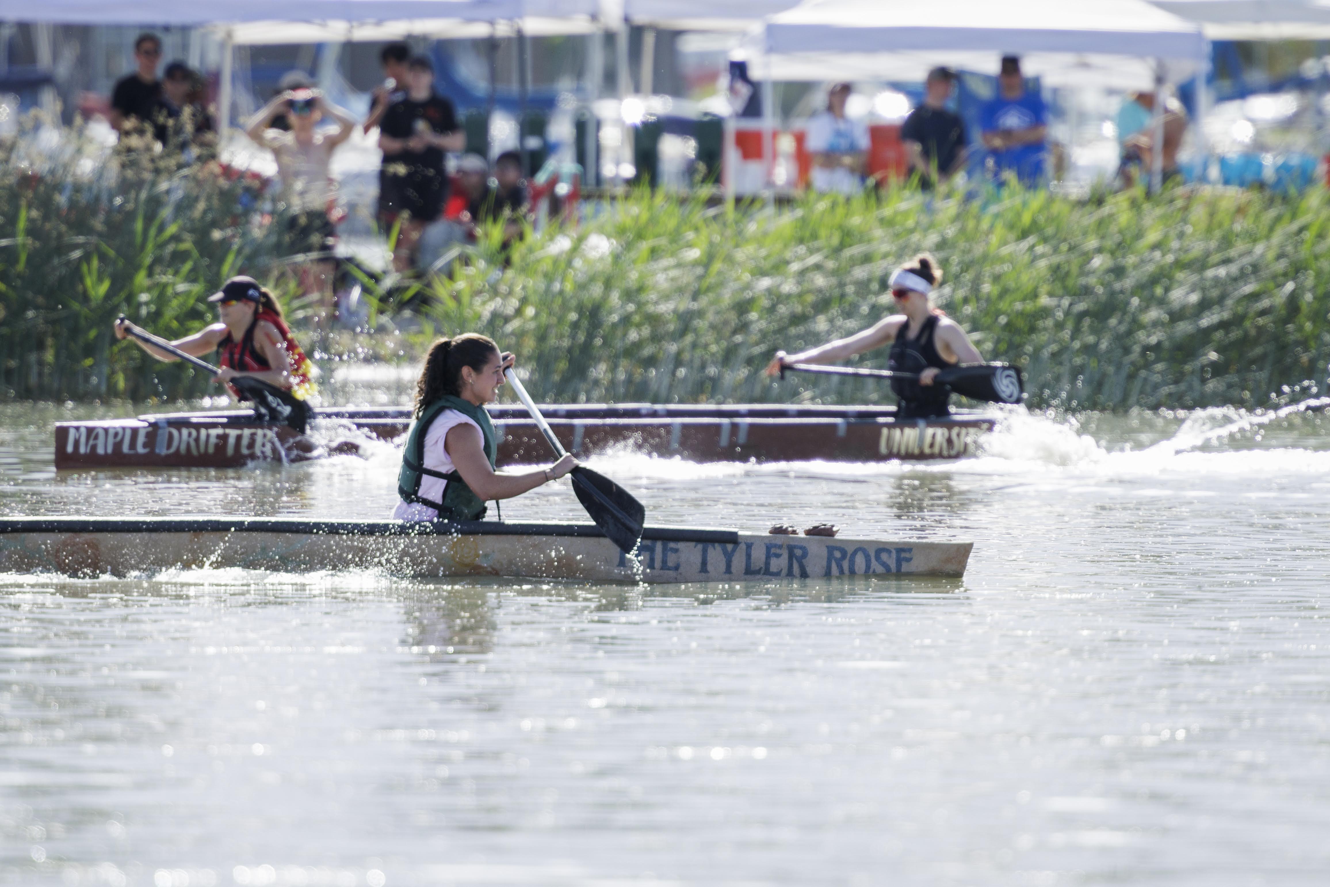 UT Tyler 2024 concrete canoe out on the water at nationals in Utah