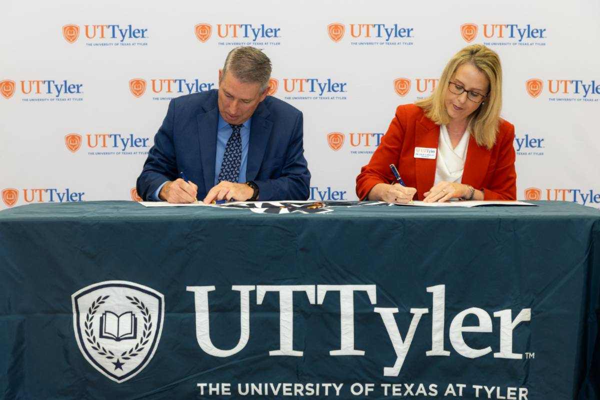 Lindale ISD Superintendent Surrat and UT Tyler President Julie V. Philley at the MOU Signing at Lindale High School 