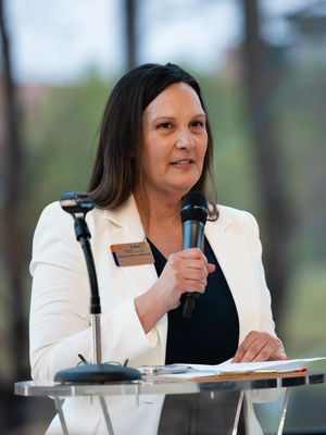 Dr. Ochoa: Dr. Pamella Ochoa, Fisch College of Pharmacy interim dean, emphasizes the importance of art in pharmacy during the pARTnership event, which announced the seventh art exhibition and partnership with local artists.