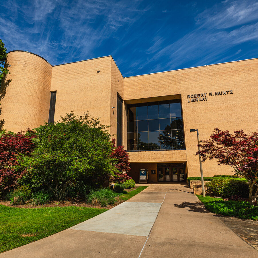 The entrance to the Robert R. Muntz Library at The University of Texas at Tyler