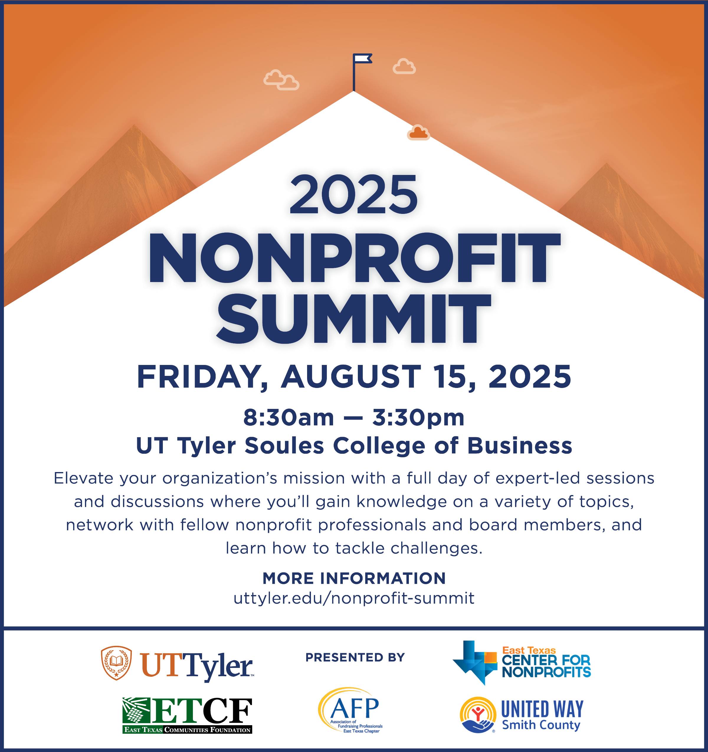 Elevate your organization’s mission with a full day of expert-led sessions and discussions where you’ll gain knowledge on a variety of topics, network with fellow nonprofit professionals and board members, and learn how to tackle challenges.
