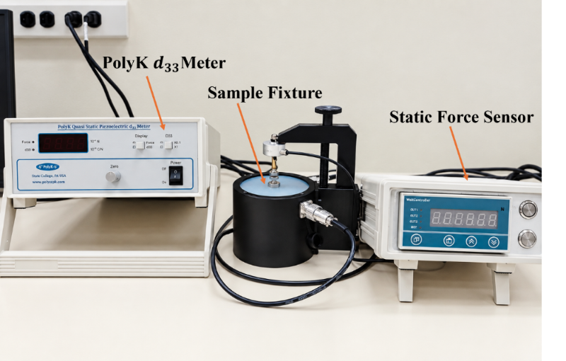 Image showing the PolyK d33 Meter, Sample Fixture and Static Force Sensor