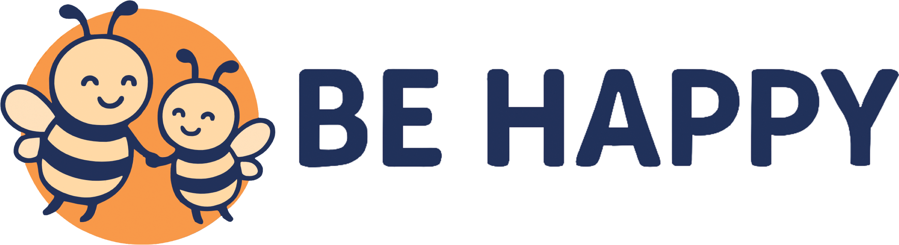A large blue and orange bee and a small blue and orange bee holding hands in front of a large orange circle. The words BE HAPPY appear next to it in a thick blue font.