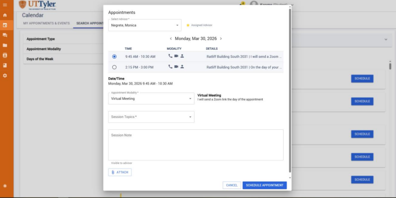 Select preferred Appointment Modality, Session Topics, and add Session Note image