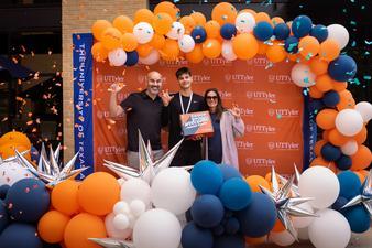 future student and parents with welcome box