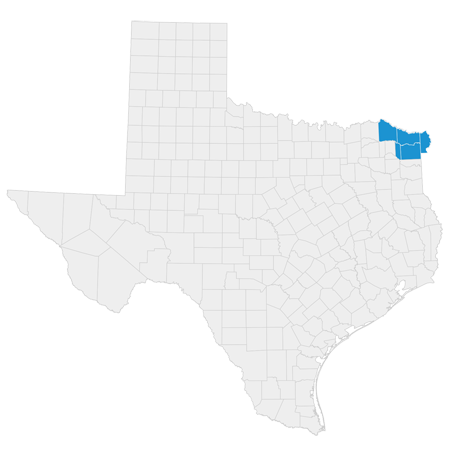 Map of Texas showing Texarkana area counties.