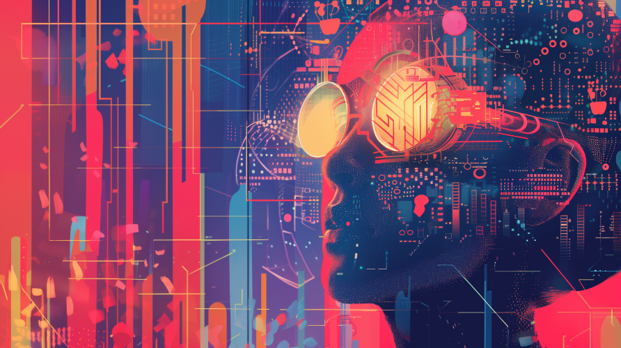 A vibrant and futuristic illustration of a person's profile with glowing augmented reality glasses, surrounded by intricate digital circuitry and neon lights in red, blue, and orange tones, creating a high-tech, cyberpunk atmosphere.