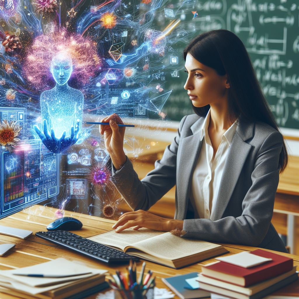 A teacher using AI technology to create visualizations in a classroom, with images and data dynamically projected on a large screen. Students at their desks interact with the visualizations on their monitors, while the classroom setting includes bookshelves filled with books, highlighting a blend of traditional and modern educational tools.