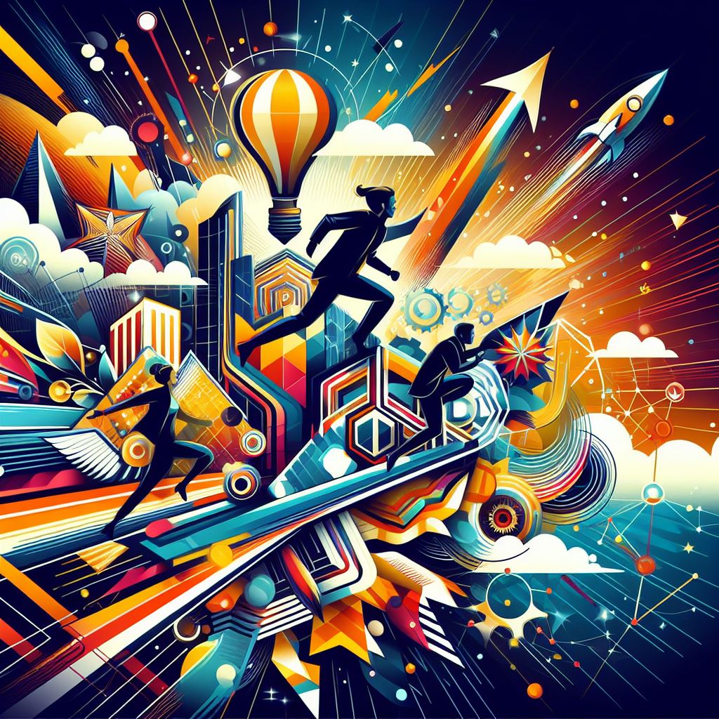 a dynamic image showing business related imagery, logos, with clip-art people