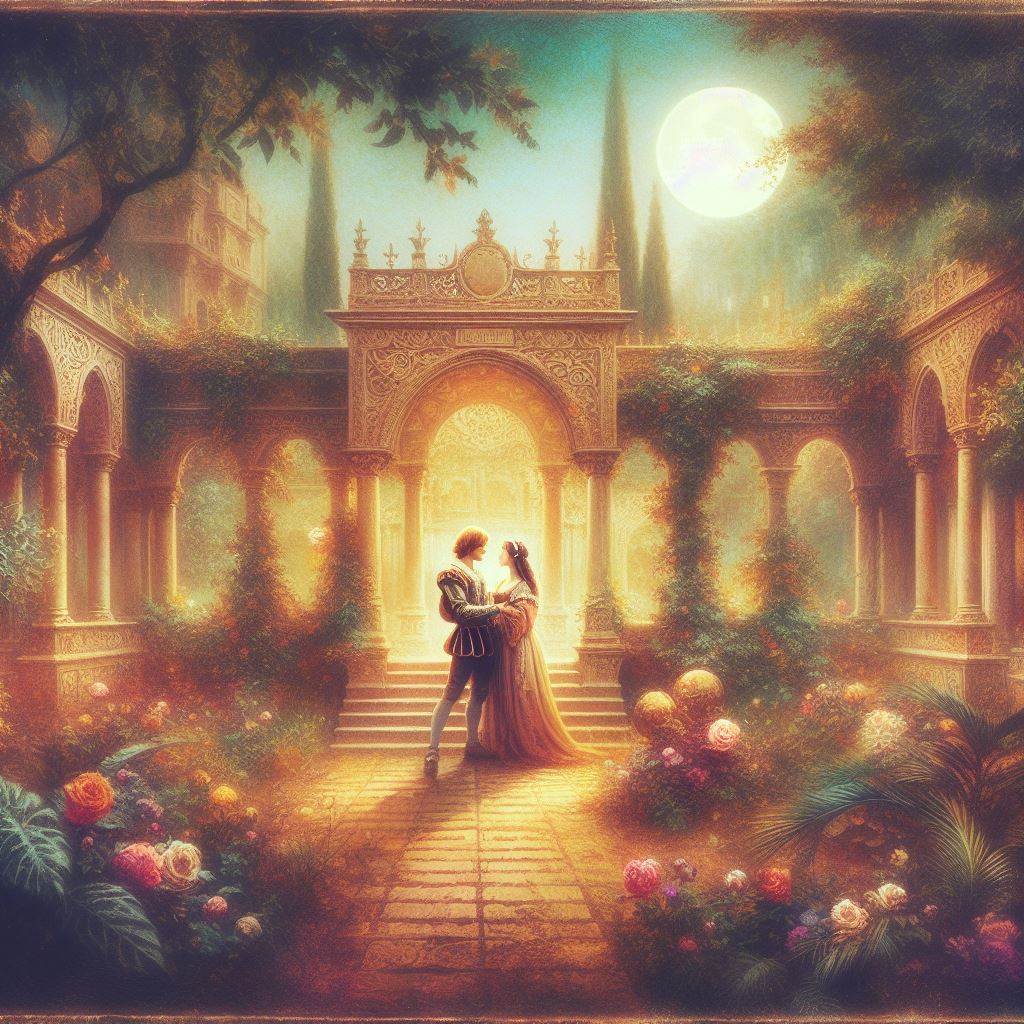 AI generated imaged of a scene from Romeo and Juliet, a man and a woman dancing in a courtyard