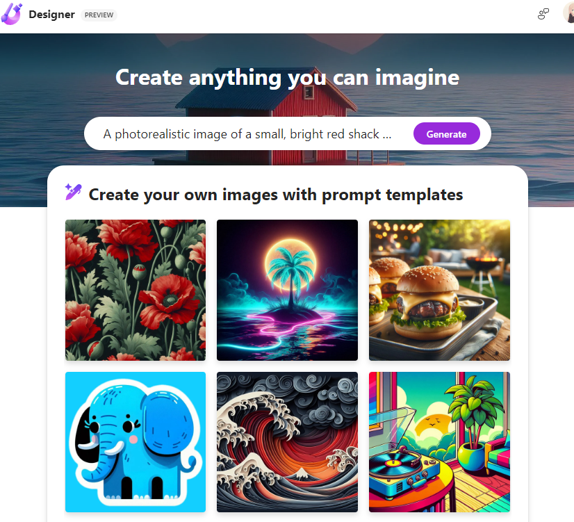 A screenshot of the Microsoft Designer interface, featuring a header with "Create anything you can imagine" and a search box with a prompt suggestion. Below, there are examples of AI-generated images, including a floral pattern, a neon-lit beach scene, gourmet burgers, a cute cartoon elephant, a stylized ocean wave, and a vibrant vinyl record player scene.