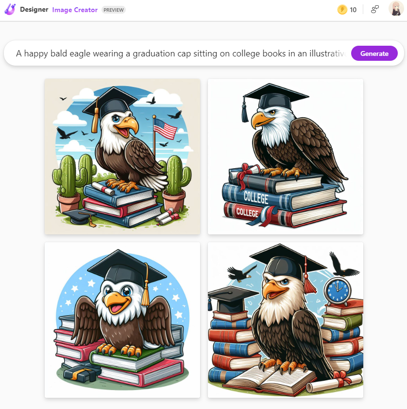  it shows a user interface for an AI image generation tool. The interface displays a text input field with the prompt "A happy bald eagle wearing a graduation cap sitting on college books in an illustrati" and a purple "Generate" button, suggesting the user is about to create an AI-generated image based on that description.