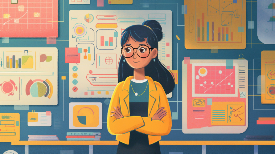 A woman with glasses stands confidently in front of a wall filled with colorful charts and graphs, illustrating various data and information. She is wearing a yellow blazer over a teal shirt, and her arms are crossed as she looks ahead with a slight smile. The background suggests a focus on data analysis and visualization.