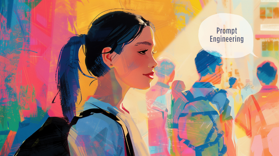 Colorful digital illustration of a young woman with dark hair in a ponytail, shown in profile. She is smiling slightly, with vibrant colors in the background and silhouettes of other people behind her.