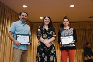 Innovation in Teaching Award winners Dr. Forrest Kaiser and Dr. Carla Lacerda post with Dr. Danielle Bailey at the 2023 Faculty Staff Awards Banquet. 